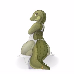 Size: 2500x2500 | Tagged: safe, artist:louart, crocodile, crocodilian, reptile, anthro, big butt, big tail, butt, clothes, female, high res, looking at you, looking back, looking back at you, sitting, solo, solo female, swimsuit, tail, thick thighs, thighs, wide hips