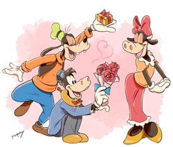 Size: 967x823 | Tagged: safe, artist:natsu-nori, clarabelle cow (disney), goofy (disney), horace horsecollar (disney), bovid, canine, cattle, cow, dog, equine, horse, mammal, anthro, disney, mickey and friends, bouquet, bow, eyes closed, female, flower, group, hair bow, heart, horabelle (disney), male, male/female, plant, present, rose, shipping, smiling, trio