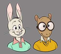 Size: 772x676 | Tagged: safe, artist:uomoratto, arthur read (arthur), buster baxter (arthur), aardvark, lagomorph, mammal, rabbit, anthro, arthur (series), pbs, duo, duo male, front view, glasses, gray background, male, males only, round glasses, simple background, smiling, three-quarter view