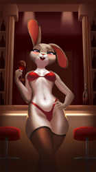 Size: 704x1260 | Tagged: suggestive, artist:hellcat120, judy hopps (zootopia), lagomorph, mammal, rabbit, anthro, disney, zootopia, 2021, bar, beach, belly button, bikini, blushing, breasts, buckteeth, cameltoe, clothes, digital art, drink, ears, eyelashes, female, fur, hand on hip, legwear, looking at you, open mouth, pink nose, pose, solo, solo female, stockings, swimsuit, tail, teeth, thighs, tongue, wide hips