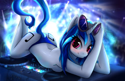 Size: 1272x831 | Tagged: suggestive, artist:hellcat120, vinyl scratch (mlp), equine, fictional species, mammal, pony, unicorn, anthro, unguligrade anthro, friendship is magic, hasbro, my little pony, 2021, bikini, bikini bottom, blushing, breast squish, breasts, butt, casual nudity, clothes, club, cutie mark, digital art, dj, ears, eyelashes, female, fur, glasses, hair, hooves, horn, looking at you, nudity, partial nudity, pose, sideboob, smiling, smiling at you, solo, solo female, sunglasses, swimsuit, tail, thighs, topless, wide hips