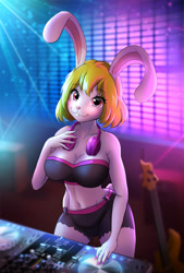 Size: 852x1257 | Tagged: safe, artist:hellcat120, carrot (one piece), fictional species, lagomorph, mammal, mink tribe, rabbit, anthro, one piece, 2022, blushing, bottomwear, breasts, buckteeth, cello, clothes, club, digital art, dj, ears, eyelashes, female, fur, hair, looking at you, pink nose, shorts, solo, solo female, tail, tank top, teeth, thighs, topwear, wide hips