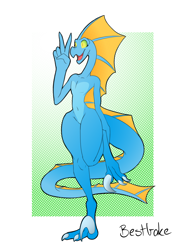 Size: 2448x3264 | Tagged: safe, artist:bestbake, dragon, fictional species, kobold, reptile, snake, anthro, digitigrade anthro, 2022, 3 toes, beak, big tail, blue body, claws, digital art, female, gesture, green eyes, high res, long neck, long tail, looking at another, membrane (anatomy), simple background, small waist, smiling, solo, solo female, tail, talons, thick thighs, thighs, v sign