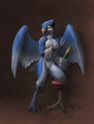 Size: 1293x1700 | Tagged: safe, artist:zaush, oc, oc only, oc:bj (zaush), bird, blue jay, corvid, jay, songbird, anthro, 2014, alcohol, amber eyes, beak, black body, blue body, bottle, chair, champagne, champagne glass, claws, digital art, drink, feathered wings, feathers, male, nudity, pinup, posing, simple background, solo, solo male, stool, swivel chair, tail, tail feathers, talons, towel, white body, wings