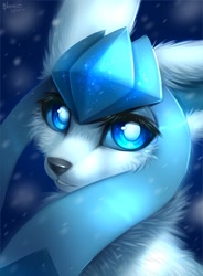Size: 1334x1817 | Tagged: safe, artist:blooming-lynx, eeveelution, fictional species, glaceon, mammal, feral, nintendo, pokémon, 2022, ambiguous gender, black nose, blue body, blue eyes, blue fur, bust, digital art, ear fluff, eyelashes, fluff, fur, looking at you, portrait, signature, simple background, snow, snowfall, solo, solo ambiguous