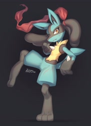 Size: 2962x4096 | Tagged: safe, artist:zinfyu, fictional species, lucario, mammal, anthro, digitigrade anthro, nintendo, pokémon, 2021, black background, digital art, ears, female, fluff, fur, looking at you, neck fluff, simple background, solo, solo female, spikes, tail