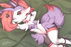 Size: 4096x2720 | Tagged: suggestive, alternate version, artist:zinfyu, braixen, fictional species, shiny pokémon, anthro, nintendo, pokémon, 2021, armpits, arms behind head, bed, belly button, blushing, breasts, bunny ears, bunny suit, clothes, digital art, ear fluff, ears, eyelashes, female, fluff, fur, legwear, looking at you, lying down, lying on bed, neck fluff, on bed, open mouth, pasties, solo, solo female, starter pokémon, stockings, suit, tail, thighs, tongue, wide hips