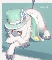 Size: 3559x4096 | Tagged: safe, artist:zinfyu, absol, fictional species, mammal, feral, nintendo, pokémon, 2021, border, claws, clothes, digital art, ears, eyelashes, face down ass up, female, fluff, fur, hair, hat, headwear, neck fluff, simple background, solo, solo female, tail, thighs, white border
