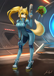Size: 2480x3508 | Tagged: safe, artist:jecbrush, samus aran (metroid), canine, fox, mammal, anthro, metroid (series), nintendo, 2021, black nose, boots, breasts, clothes, digital art, ears, eyelashes, female, fur, gun, hair, handgun, high res, looking at you, pose, shoes, solo, solo female, suit, tail, thighs, vixen, weapon, wide hips