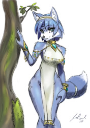 Size: 595x842 | Tagged: safe, artist:jecbrush, krystal (star fox), canine, fox, mammal, anthro, nintendo, star fox, 2020, black nose, breasts, clothes, digital art, dress, ears, eyelashes, female, fur, hair, looking at you, pose, side slit, solo, solo female, tail, thighs, total sideslit, tribal markings, vixen, wide hips
