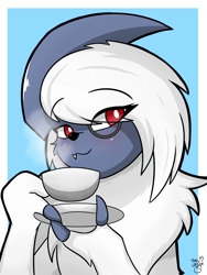 Size: 1500x1990 | Tagged: safe, artist:thelasthope, absol, fictional species, mammal, feral, nintendo, pokémon, 2021, black nose, claws, digital art, drink, female, fluff, fur, glasses, hair, horn, looking at you, neck fluff, saucer, simple background, solo, solo female, tea, teacup