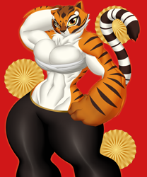 Size: 3656x4400 | Tagged: safe, artist:kreativekailyn, master tigress (kung fu panda), big cat, feline, mammal, tiger, anthro, dreamworks animation, kung fu panda, 2022, bandage, big breasts, bottomwear, breasts, clothes, ears, female, looking at you, pants, solo, solo female, tail, thick thighs, thighs, tigress