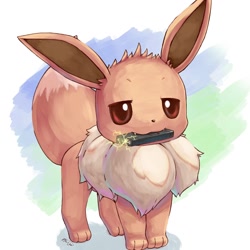 Size: 1280x1280 | Tagged: safe, artist:nevedoodle, eevee, eeveelution, fictional species, mammal, feral, nintendo, pokémon, 2019, ambiguous gender, bedroom eyes, cute, digital art, ears, fluff, fur, holding, looking at you, mouth hold, neck fluff, paws, simple background, solo, solo ambiguous, tail, taser