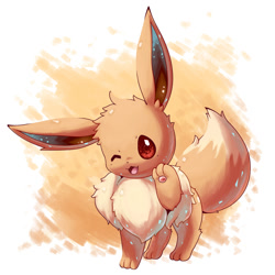 Size: 1024x1024 | Tagged: safe, artist:nevedoodle, eevee, eeveelution, fictional species, mammal, feral, nintendo, pokémon, 2019, ambiguous gender, cute, digital art, ears, fluff, fur, looking at you, neck fluff, one eye closed, open mouth, paw pads, paws, simple background, solo, solo ambiguous, tail