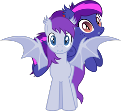 Size: 4372x4000 | Tagged: safe, artist:parclytaxel, oc, oc only, oc:evening's dawn, oc:nebulous, bat pony, equine, fictional species, mammal, pony, feral, friendship is magic, hasbro, my little pony, .svg available, 2022, absurd resolution, bat wings, duo, fangs, female, looking at you, male, mare, riding, sharp teeth, simple background, slit pupils, smiling, smiling at you, spread wings, stallion, teeth, transparent background, vector, webbed wings, wings