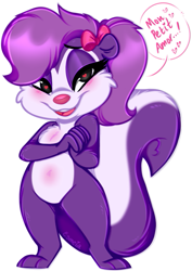 Size: 501x706 | Tagged: safe, artist:esmeia, fifi la fume (tiny toon adventures), mammal, skunk, anthro, tiny toon adventures, warner brothers, bow, dialogue, female, french text, front view, fur, hair, hair bow, heart, heart eyes, open mouth, purple body, purple fur, purple hair, simple background, solo, solo female, talking, talking to viewer, three-quarter view, white background, white belly, wingding eyes