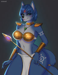 Size: 989x1280 | Tagged: safe, artist:xensoi, krystal (star fox), canine, fox, mammal, anthro, nintendo, star fox, 2022, accessories, bedroom eyes, belly button, bikini, bikini top, black nose, breasts, clothes, digital art, ears, eyelashes, female, fur, hair, holding, jewelry, krystal's staff, loincloth, necklace, shoulder pads, simple background, solo, solo female, swimsuit, tail, thighs, tribal markings, vixen, wide hips