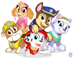 Size: 1766x1400 | Tagged: safe, artist:rainbow eevee, chase (paw patrol), everest (paw patrol), marshall (paw patrol), rubble (paw patrol), skye (paw patrol), bulldog, canine, cockapoo, dalmatian, dog, english bulldog, german shepherd, husky, mammal, feral, nickelodeon, paw patrol, female, group, looking at you, male, open mouth, open smile, paws, signature, simple background, smiling, smiling at you, transparent background