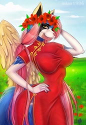 Size: 879x1280 | Tagged: safe, artist:xensoi, oc, oc only, fictional species, legendary pokémon, zacian, anthro, nintendo, pokémon, 2020, bedroom eyes, breasts, chinese dress, commission, detailed background, digital art, ears, eyelashes, female, hair, hand on hip, looking at you, pink nose, pose, solo, solo female, tail, thighs, wide hips, ych result