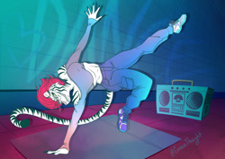 Size: 1280x905 | Tagged: safe, artist:canonthought, big cat, feline, mammal, tiger, boombox, bottomwear, breakdancing, breasts, cargo pants, clothes, crop top, dancing, female, grin, hair, mat, midriff, pants, pastel, pink hair, sneakers, solo, solo female, topwear, wall, white tiger