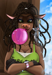 Size: 894x1280 | Tagged: safe, artist:athena0023, oc, oc only, bovid, cattle, cow, mammal, mouse, rodent, anthro, feral, braids, breasts, bubblegum, clothes, crossed arms, eyeshadow, female, kiss on the cheek, kissing, licking nose, makeup, murine, nose piercing, nose ring, piercing, shirt, solo, solo female, tank top, topwear, undershirt, ungulate, watch, wristwatch
