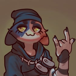 Size: 2791x2792 | Tagged: safe, artist:diadorin, meow skulls (fortnite), calico, cat, feline, mammal, anthro, epic games, fortnite, 2022, absurd resolution, beanie, blue body, blue fur, brown background, clothes, devil horns (gesture), diadorin, ears laid back, female, fur, gesture, half closed eyes, hat, headgear, headwear, high res, hoodie, mottled, narrowed eyes, orange body, orange fur, piebald, pivoted ears, simple background, smiling, solo, solo female, striped sleeves, tomboy, topwear, video game, white body, white fur