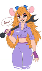Size: 768x1280 | Tagged: safe, artist:athena0023, gadget hackwrench (chip 'n dale: rescue rangers), mammal, mouse, rodent, anthro, chip 'n dale: rescue rangers, disney, 5 fingers, abs, big tools, breasts, clothes, crop top, eyeshadow, female, fingerless gloves, gloves, hair, heart, holding, holding object, holding tool, humanoid hands, jacket, lipstick, long hair, love heart, makeup, midriff, murine, muscles, object on shoulder, question, solo, solo female, topwear, wrench
