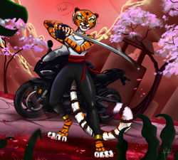 Size: 1280x1152 | Tagged: safe, artist:athena0023, master tigress (kung fu panda), big cat, feline, mammal, tiger, anthro, plantigrade anthro, dreamworks animation, kung fu panda, breasts, cherry blossoms, clothes, female, fingerless gloves, gloves, holding, holding object, holding weapon, legwear, motorcycle, mountain range, outdoors, solo, solo female, sword, tank top, tights, topwear, vehicle, weapon