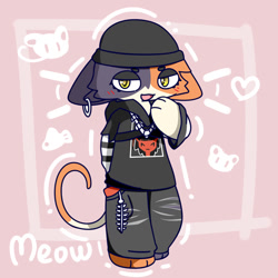 Size: 1024x1024 | Tagged: safe, artist:serinsama1, meow skulls (fortnite), calico, cat, feline, mammal, anthro, epic games, fortnite, 1:1, 2022, beanie, blushing, bottomwear, chibi, clothes, dialogue, exclamation point, female, hat, headgear, headwear, hoodie, kemono, looking at you, mottled, pants, piebald, solo, solo female, striped sleeves, talking, topwear, video game