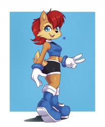 Size: 1500x1800 | Tagged: safe, artist:artkett1412, princess sally acorn (sonic), chipmunk, mammal, rodent, anthro, archie sonic the hedgehog, sega, sonic the hedgehog (series), 2022, blue eyes, boots, bottomwear, breasts, brown body, brown fur, clothes, female, fur, gesture, gloves, hair, looking at you, looking back, looking back at you, open mouth, open smile, red hair, shoes, short hair, shorts, smiling, solo, solo female, stars, v sign