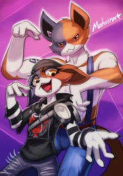 Size: 2015x2881 | Tagged: safe, artist:mahsira, meow skulls (fortnite), meowscles (fortnite), calico, cat, feline, mammal, anthro, fortnite, beanie, bottomwear, brother, brother and sister, clothes, female, hoodie, male, pants, siblings, sister, topwear