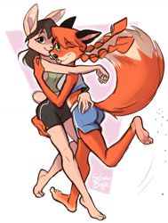 Size: 1126x1486 | Tagged: safe, artist:selinaeagle_, oc, oc:patty (fox-popvli), canine, fox, lagomorph, mammal, rabbit, anthro, barefoot, big breasts, big butt, breasts, butt, clothes, crop top, duo, feet, female, hair, hug, looking at you, one eye closed, pigtails, smiling, smiling at you, soles, thick thighs, thighs, toes, topwear, vixen, wide hips, winking