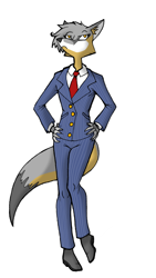 Size: 1840x3264 | Tagged: safe, artist:canonthought, canine, fox, mammal, business suit, clothes, female, hand on hip, knock-kneed, necktie, pinstripe, solo, solo female, standing