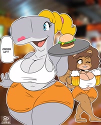 Size: 2180x2700 | Tagged: dead source, suggestive, artist:cuadra_side, pearl krabs (spongebob), sandy cheeks (spongebob), cetacean, mammal, rodent, sperm whale, squirrel, whale, anthro, nickelodeon, spongebob squarepants (series), afro, alcohol, beer, big breasts, blue eyes, breasts, brown body, brown eyes, brown fur, brown hair, burger, cheese, dairy products, dialogue, drink, duo, duo female, female, females only, food, fur, gray body, hair, krabby patty, lettuce, meat, one eye closed, open mouth, talking, ungulate, vegetables, wide hips, yellow hair