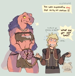Size: 1912x1941 | Tagged: safe, artist:yolabayola1, anjanath, fictional species, human, mammal, reptile, anthro, monster hunter, big breasts, blushing, bondage, breasts, clothes, female, loincloth, male, size difference, tribal outfit