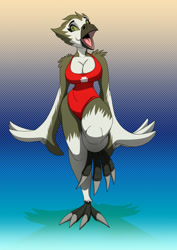 Size: 905x1280 | Tagged: safe, artist:canonthought, oc, oc only, oc:lumi (djdog59), bird, bird of prey, owl, anthro, beak, big breasts, breasts, cleavage, female, gradient background, hourglass figure, knee up, lifeguard, open beak, open mouth, solo, solo female