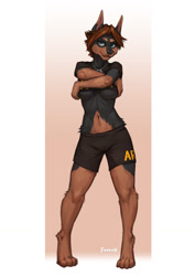 Size: 905x1280 | Tagged: suggestive, artist:foxovh, oc, oc only, canine, dog, mammal, rottweiler, anthro, 2022, bottomwear, boxers, breasts, cameltoe, clothes, dog tag, female, shirt, shirt lift, shorts, solo, solo female, topwear, underboob, underwear, undressing