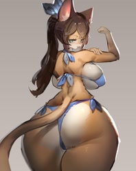 Size: 990x1247 | Tagged: suggestive, artist:museuk, cat, feline, mammal, anthro, big breasts, bikini, breasts, butt, clothes, female, flexing, huge butt, looking at you, looking back, looking back at you, nipple outline, solo, solo female, swimsuit, thick thighs, thighs, wide hips