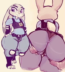 Size: 775x851 | Tagged: dead source, safe, artist:kiseff, judy hopps (zootopia), lagomorph, mammal, rabbit, anthro, disney, zootopia, big butt, butt, clothes, disembodied hand, female, police uniform, solo, solo female, spread butt, thick thighs, thighs, wide hips