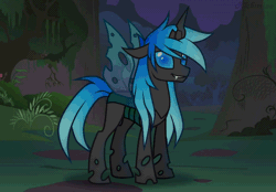 Size: 700x486 | Tagged: safe, artist:kichimina, oc, oc only, oc:kryostasis, arthropod, changeling, equine, fictional species, mammal, pony, unicorn, feral, friendship is magic, hasbro, my little pony, 2022, 2d, 2d animation, animated, blinking, blue eyes, blue hair, blue mane, colored, commission, cutie mark, fangs, forest, full body, gif, greeting, grin, hair, happy, hooves, horn, looking at you, loop, male, mane, night, one eye closed, plant, raised hoof, sharp teeth, signature, smiling, smirk, solo, solo male, spread wings, stallion, tail, teeth, tree, vector, watermark, wings, winking, ych result