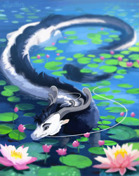 Size: 1330x1679 | Tagged: safe, artist:lucithen0, dragon, eastern dragon, fictional species, furred dragon, feral, 2022, ambiguous gender, antlers, flower, partially submerged, plant, solo, solo ambiguous, swimming, tail, water, water lily