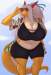 Size: 2160x3204 | Tagged: safe, artist:zaskiaharnny, oc, oc:harnny, dragon, fictional species, anthro, belly, bottomwear, breasts, clothes, female, glasses, horns, huge breasts, shirt, shorts, slightly chubby, solo, solo female, sunglasses, tail, thick thighs, thighs, topwear, wide hips