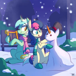 Size: 2000x2000 | Tagged: safe, artist:scribble-potato, bon bon (mlp), lyra heartstrings (mlp), earth pony, equine, fictional species, mammal, pony, unicorn, friendship is magic, hasbro, my little pony, 2021, bench, building, carrot, clothes, duo, duo female, eyelashes, female, female/female, females only, food, hat, headwear, high res, lyrabon (mlp), lyre, mare, musical instrument, night, one eye closed, scarf, shipping, snow, snowfall, snowpony, tail, tongue, tongue out, top hat, vegetables