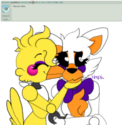 Size: 846x868 | Tagged: safe, artist:lolbit, lolbit (fnaf), toy chica (fnaf), animatronic, bird, canine, chicken, fictional species, fox, galliform, mammal, robot, anthro, five nights at freddy's, 2016, anthro/anthro, ask, chest fluff, chicbit (fnaf), crossed arms, dare, duo, english text, eyes closed, female, female/female, flat colors, fluff, heart, heart eyes, hook, interspecies, kiss on the cheek, kissing, shipping, simple background, text, transparent background, wingding eyes