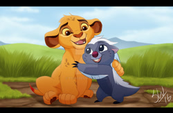 Size: 1024x671 | Tagged: safe, artist:tc-96, bunga (the lion guard), kion (the lion guard), badger, big cat, feline, honey badger, lion, mammal, mustelid, feral, disney, the lion guard, the lion king, 2d, cub, cute, deviantart watermark, duo, duo male, hug, letterboxing, looking at each other, male, males only, watermark, wholesome, young, younger