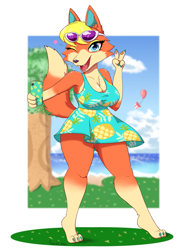 Size: 1047x1426 | Tagged: safe, artist:azerkit, audie (animal crossing), canine, mammal, wolf, anthro, digitigrade anthro, animal crossing, animal crossing: new horizons, nintendo, 2022, 2d, balloon, blue eyes, bottomwear, clothes, cute, dress, female, fur, gesture, gift, glasses, glasses on head, hair, heart, heart eyes, looking at you, muumuu, one eye closed, open mouth, open smile, orange body, orange fur, paw pads, paws, peace sign, phone, plant, smiling, smiling at you, solo, solo female, sunglasses, sunglasses on head, tree, water, wingding eyes, winking, yellow hair