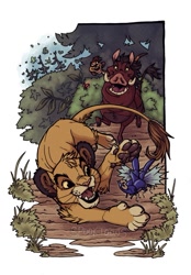 Size: 735x1055 | Tagged: safe, artist:spooktoons, pumbaa (the lion king), simba (the lion king), timon (the lion king), arthropod, beetle, big cat, feline, insect, lion, mammal, meerkat, mongoose, suid, warthog, feral, disney, the lion king, 2d, cub, male, males only, paw pads, paws, trio, trio male, young