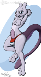 Size: 1091x2000 | Tagged: suggestive, artist:doesnotexist, oc, oc:iorite, fictional species, legendary pokémon, mammal, mewtwo, anthro, nintendo, pokémon, 2022, 3 fingers, 3 toes, arms behind head, bedroom eyes, blue eyes, bulge, digital art, floating, fur, gray body, gray fur, looking at you, male, purple skin, raised arms, signature, simple background, skin, smiling, smiling at you, solo, solo male, speedo, subscribestar, tail, transparent background, watermark