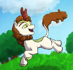 Size: 481x462 | Tagged: safe, artist:gosha305, autumn blaze (mlp), equine, fictional species, kirin, mammal, feral, friendship is magic, hasbro, my little pony, 2022, curled hair, cute, female, fluff, hair, happy, hooves, horn, leonine tail, low res, running, solo, solo female, tail