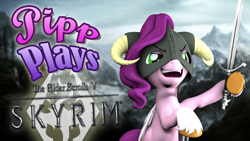 Size: 1920x1080 | Tagged: safe, artist:pika-robo, pipp petals (mlp), equine, fictional species, mammal, pegasus, pony, feral, series:pipp plays, friendship is magic, hasbro, my little pony, my little pony g5, the elder scrolls, the elder scrolls v: skyrim, spoiler:my little pony g5, 2022, 3d, anniversary, bipedal, clothes, cosplay, costume, digital art, dovahkiin, fake thumbnail, feathered wings, feathers, female, folded wings, g5 to g4, generation leap, headwear, helmet, holding, hoof hold, hooves, horned helmet, let's play, mare, mountain, mountain range, open mouth, open smile, raised hoof, smiling, solo, solo female, source filmmaker, sword, thumbnail, weapon, wings